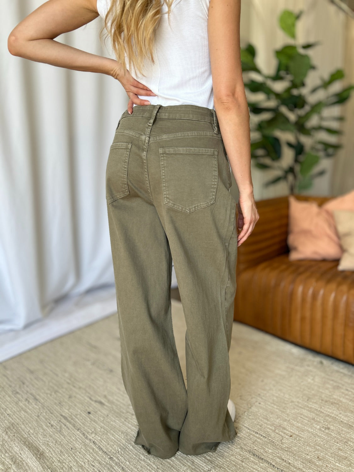 RFM Full Size High Rise Garment Dye Wide Leg Jeans Sage Women&