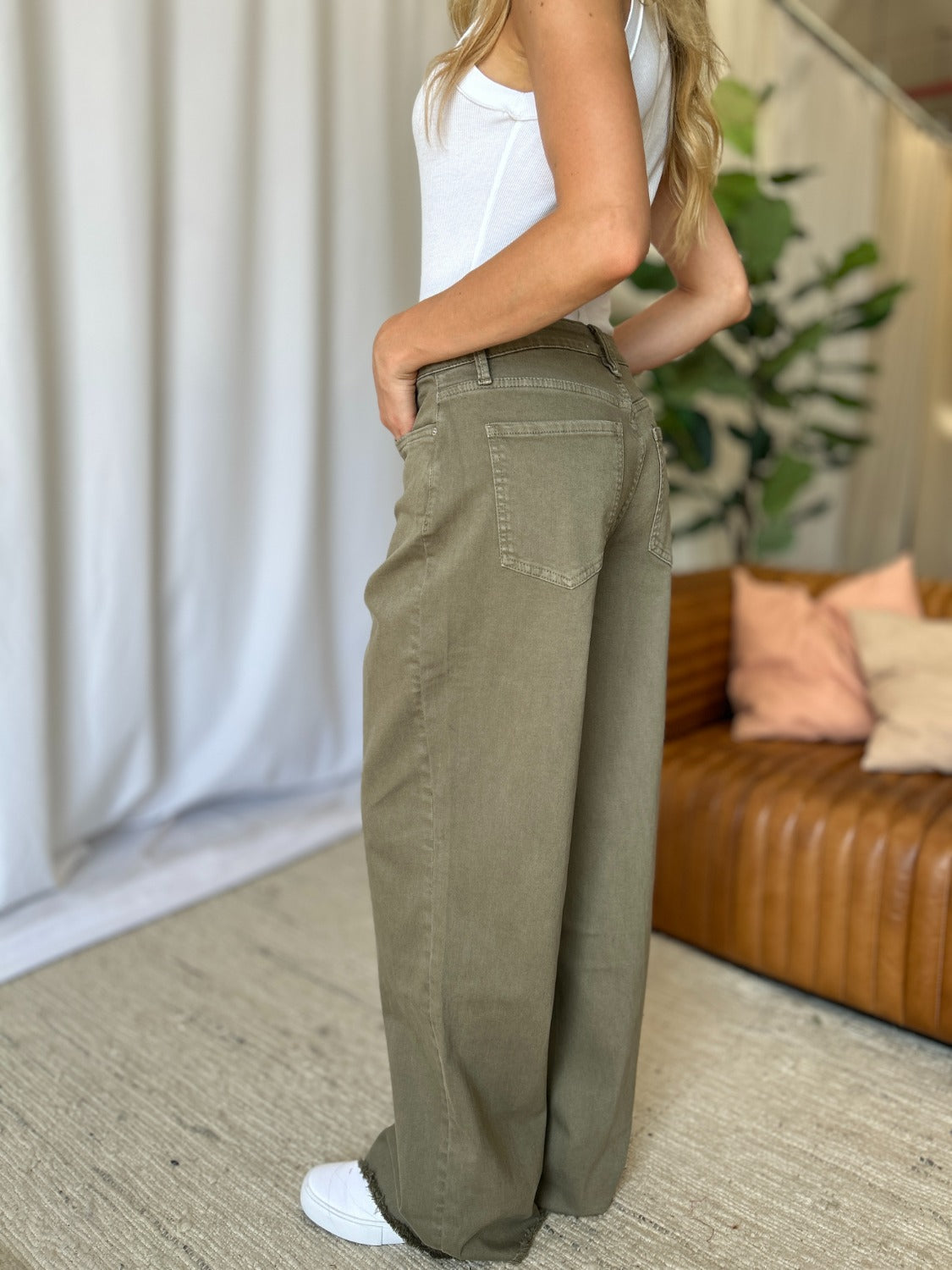 RFM Full Size High Rise Garment Dye Wide Leg Jeans Sage Women&