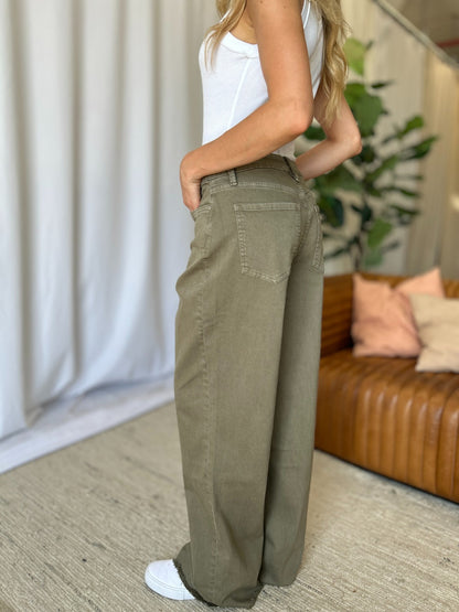 RFM Full Size High Rise Garment Dye Wide Leg Jeans Sage Women&