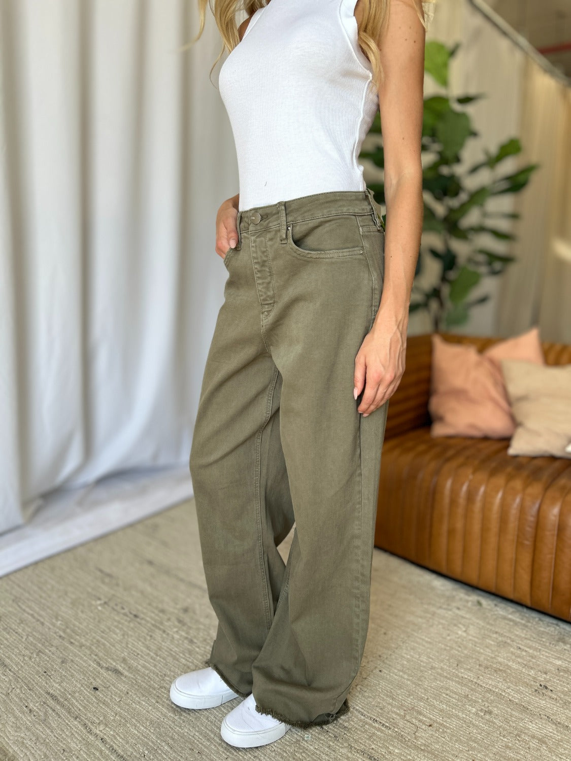 RFM Full Size High Rise Garment Dye Wide Leg Jeans Sage Women&