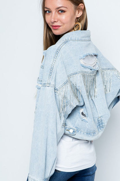 Rhinestone Fringe Distressed Denim Jacket Light Blue ML by Blue B | Fleurcouture