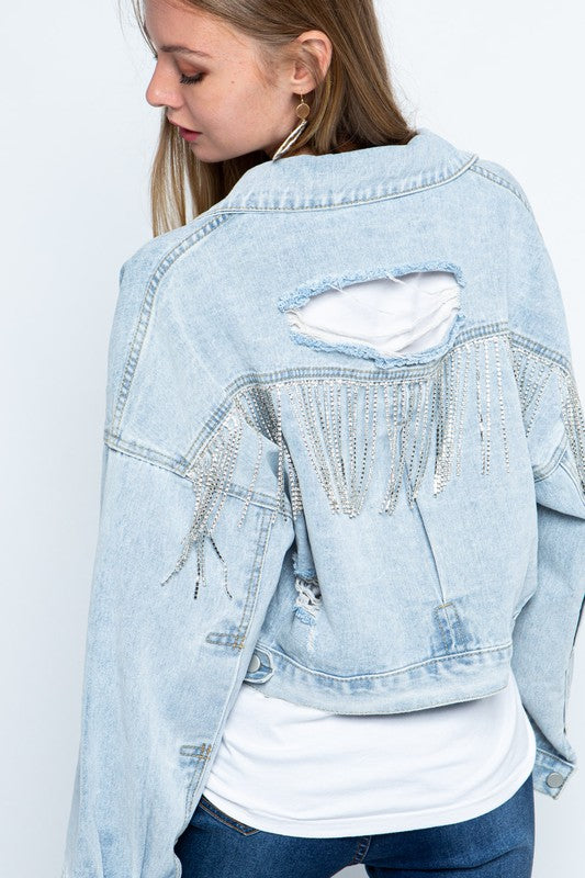 Rhinestone Fringe Distressed Denim Jacket ML by Blue B | Fleurcouture