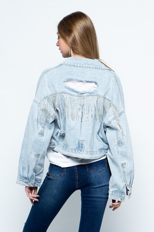 Rhinestone Fringe Distressed Denim Jacket ML by Blue B | Fleurcouture