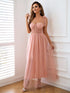 Rhinestone Mesh Overlay Tie-Shoulder Dress Pink XS Women&