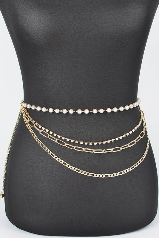 Rhinestone Pearl Station Layered Chain Belt Silver O/S by Artini Accessories | Fleurcouture