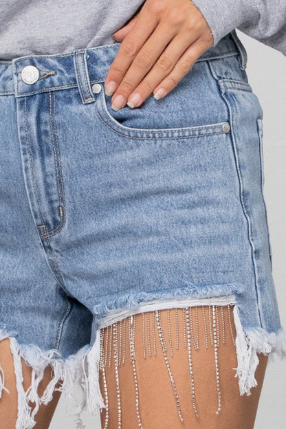 RHINESTONE PREMIUM DENIM SHORTS LIGHT BLUE WASH by Insane Gene | Fleurcouture