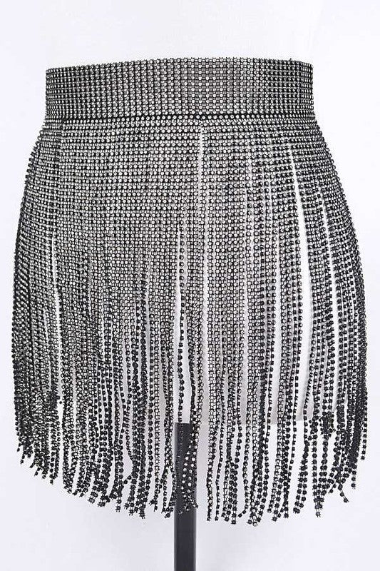 Rhinestone Slash Fringe Belt Black O/S by Artini Accessories | Fleurcouture