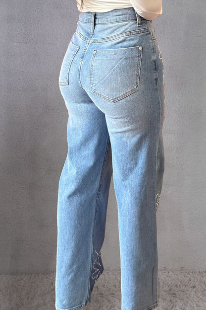 Rhinestone Straight Jeans with Pockets Medium Women&