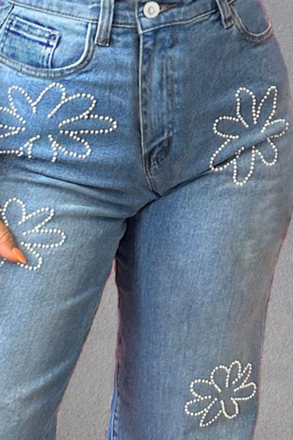 Rhinestone Straight Jeans with Pockets Medium Women&