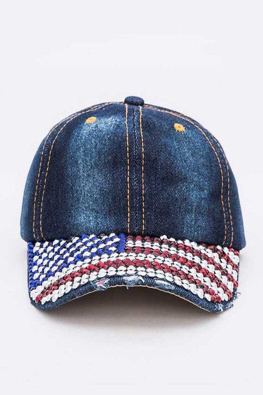 Rhinestone USA Flag Brim Baseball Cap DENIM O/S by LA Jewelry Plaza | Fleurcouture