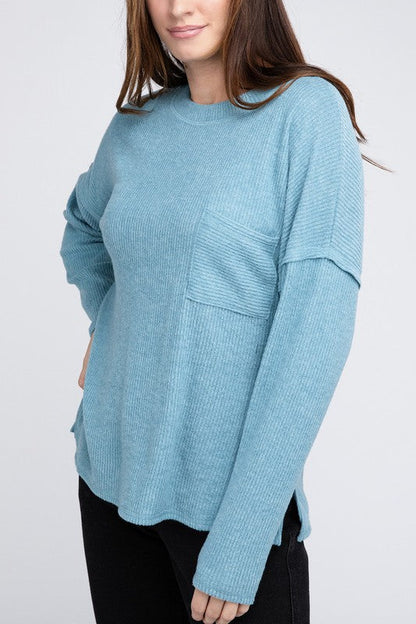 Ribbed Brushed Melange Hacci Sweater with a Pocket DUSTY TEAL S by ZENANA | Fleurcouture