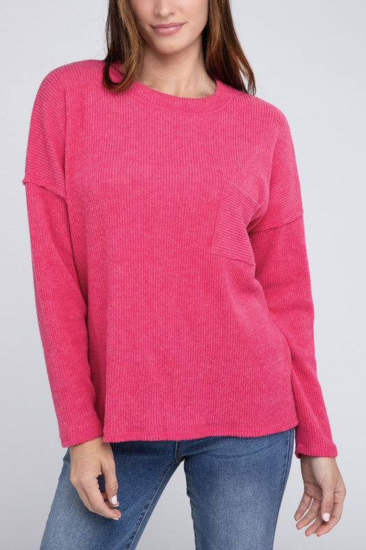 Ribbed Brushed Melange Hacci Sweater with a Pocket FUCHSIA S by ZENANA | Fleurcouture