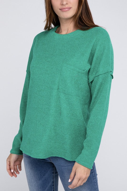 Ribbed Brushed Melange Hacci Sweater with a Pocket K GREEN L by ZENANA | Fleurcouture