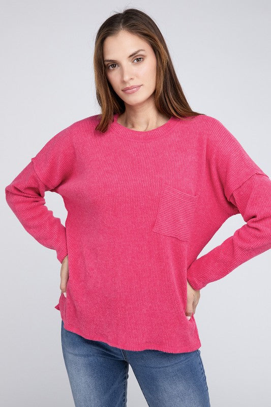 Ribbed Brushed Melange Hacci Sweater with a Pocket by ZENANA | Fleurcouture