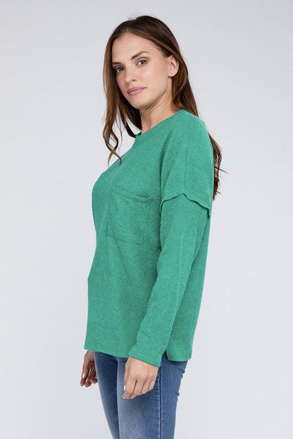 Ribbed Brushed Melange Hacci Sweater with a Pocket by ZENANA | Fleurcouture