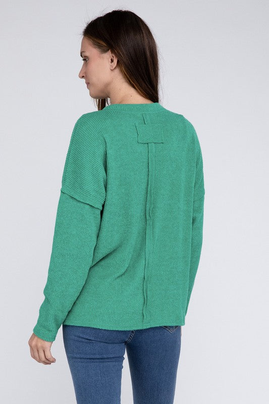 Ribbed Brushed Melange Hacci Sweater with a Pocket by ZENANA | Fleurcouture