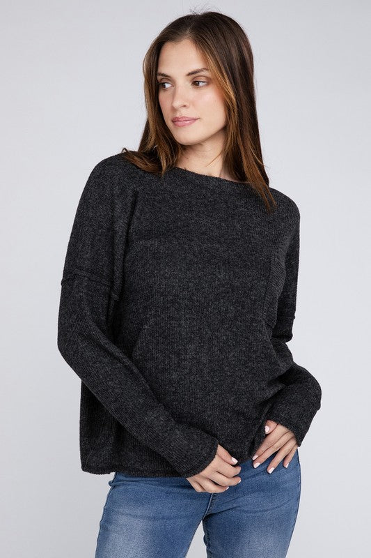 Ribbed Brushed Melange Hacci Sweater with a Pocket by ZENANA | Fleurcouture