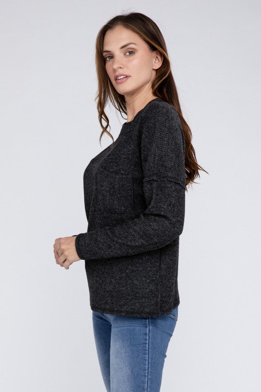 Ribbed Brushed Melange Hacci Sweater with a Pocket by ZENANA | Fleurcouture