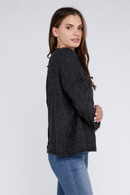 Ribbed Brushed Melange Hacci Sweater with a Pocket by ZENANA | Fleurcouture