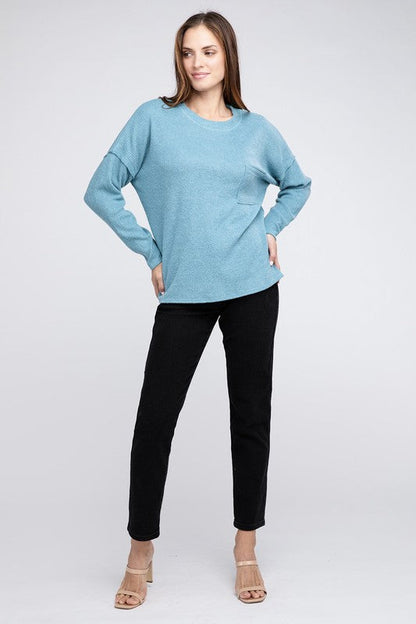 Ribbed Brushed Melange Hacci Sweater with a Pocket by ZENANA | Fleurcouture