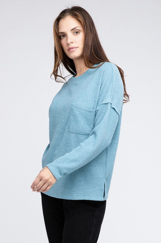 Ribbed Brushed Melange Hacci Sweater with a Pocket by ZENANA | Fleurcouture