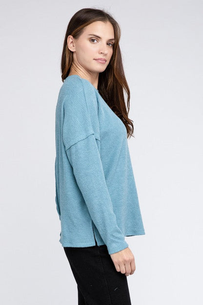 Ribbed Brushed Melange Hacci Sweater with a Pocket by ZENANA | Fleurcouture