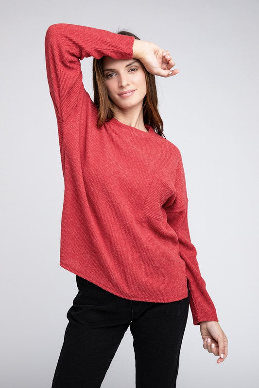 Ribbed Brushed Melange Hacci Sweater with a Pocket by ZENANA | Fleurcouture