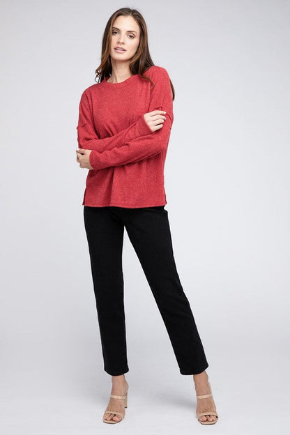 Ribbed Brushed Melange Hacci Sweater with a Pocket by ZENANA | Fleurcouture