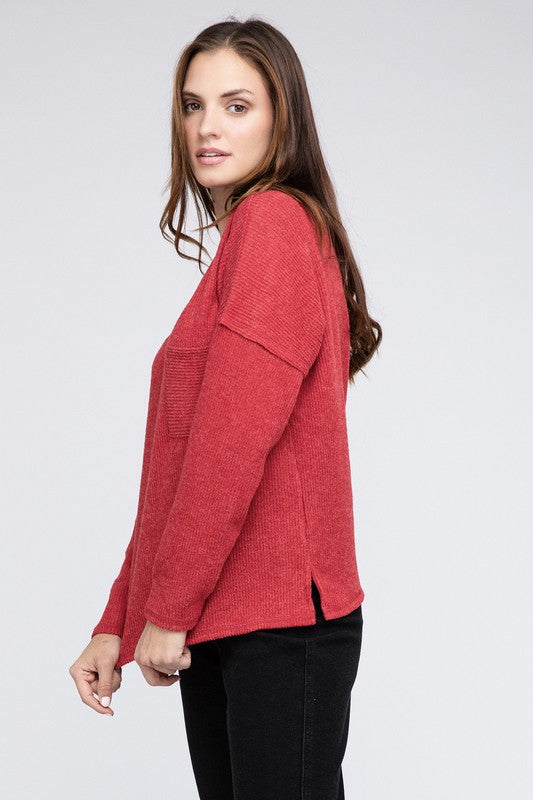 Ribbed Brushed Melange Hacci Sweater with a Pocket by ZENANA | Fleurcouture