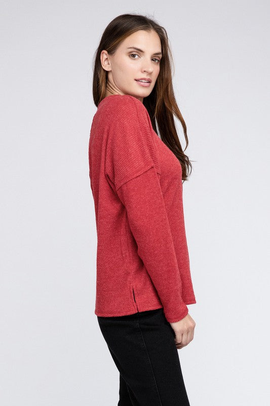 Ribbed Brushed Melange Hacci Sweater with a Pocket by ZENANA | Fleurcouture