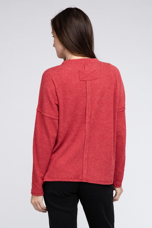 Ribbed Brushed Melange Hacci Sweater with a Pocket by ZENANA | Fleurcouture