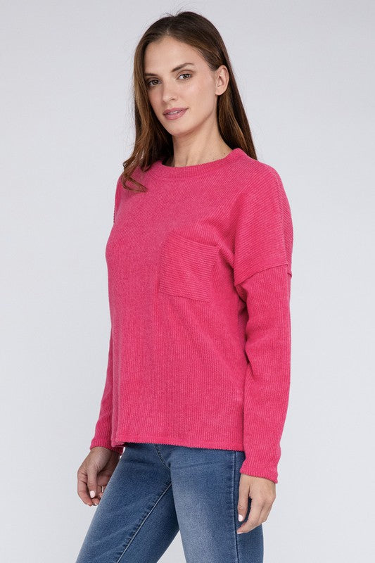 Ribbed Brushed Melange Hacci Sweater with a Pocket by ZENANA | Fleurcouture