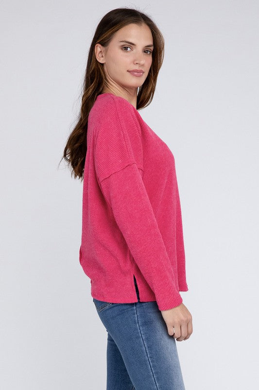 Ribbed Brushed Melange Hacci Sweater with a Pocket by ZENANA | Fleurcouture