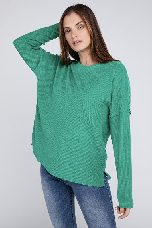 Ribbed Brushed Melange Hacci Sweater with a Pocket by ZENANA | Fleurcouture