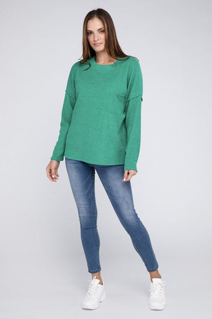 Ribbed Brushed Melange Hacci Sweater with a Pocket by ZENANA | Fleurcouture