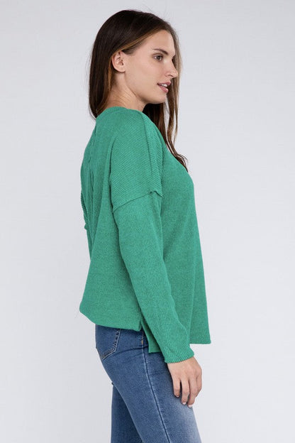 Ribbed Brushed Melange Hacci Sweater with a Pocket by ZENANA | Fleurcouture