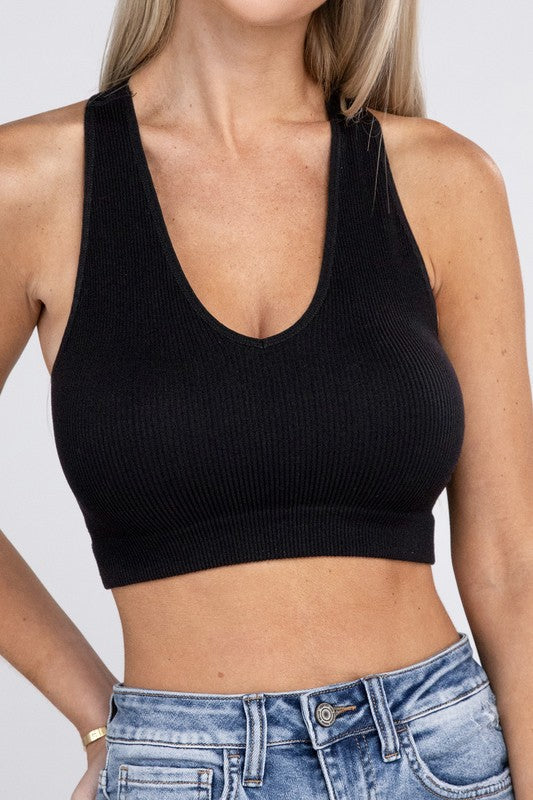 Ribbed Cropped Racerback Tank Top BLACK L/XL by ZENANA | Fleurcouture