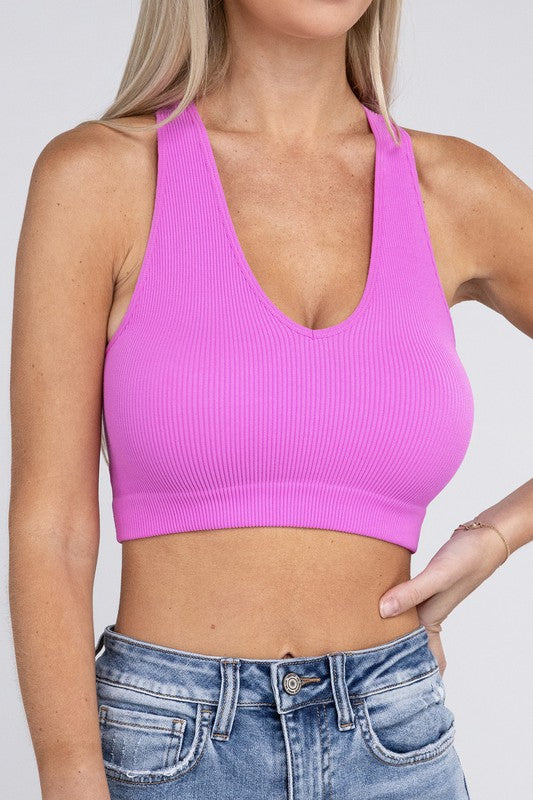 Ribbed Cropped Racerback Tank Top BRIGHT MAUVE S/M by ZENANA | Fleurcouture