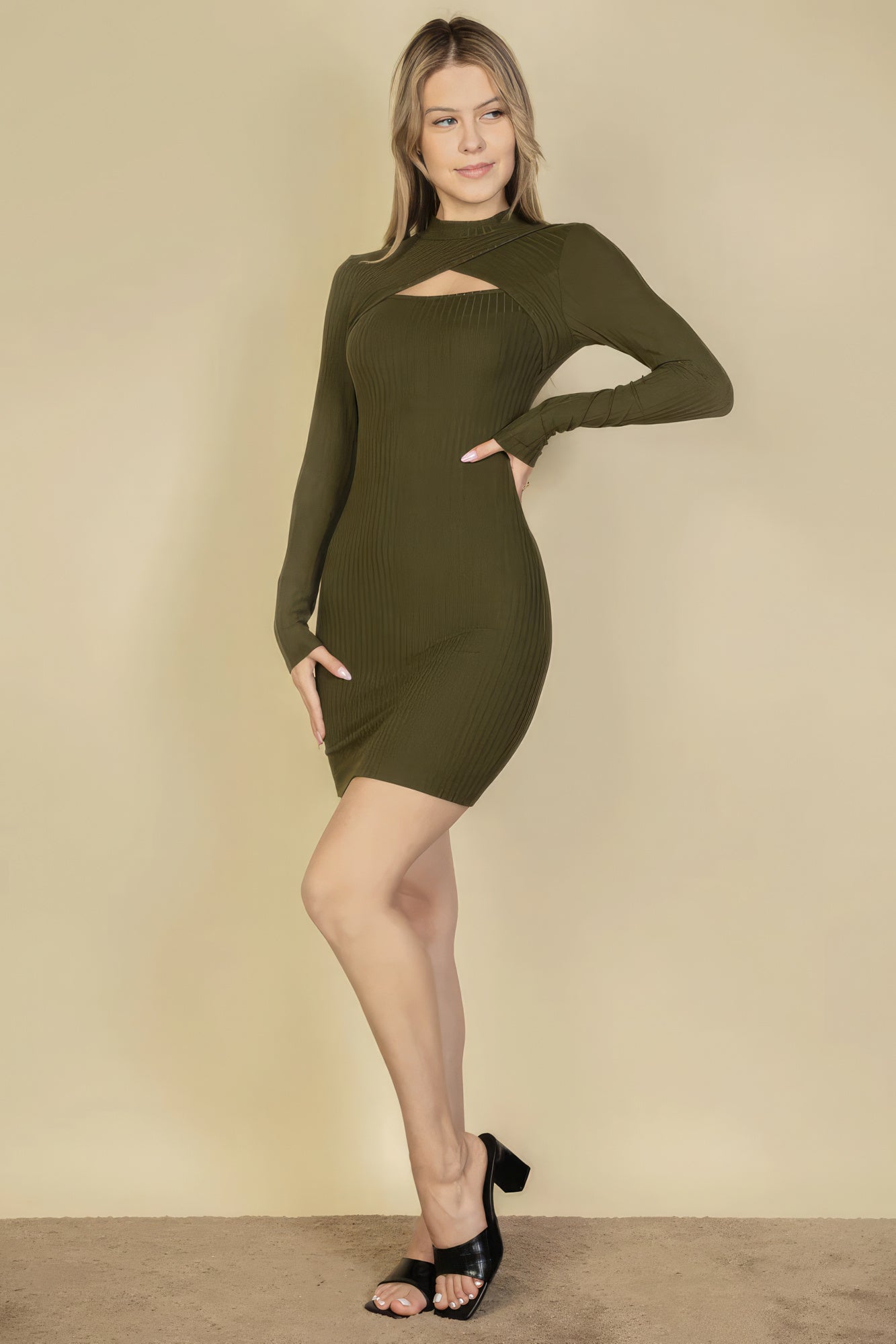 Ribbed Cut Out Front Long Sleeve Bodycon Mini Dress by Fleurcouture | Fleurcouture
