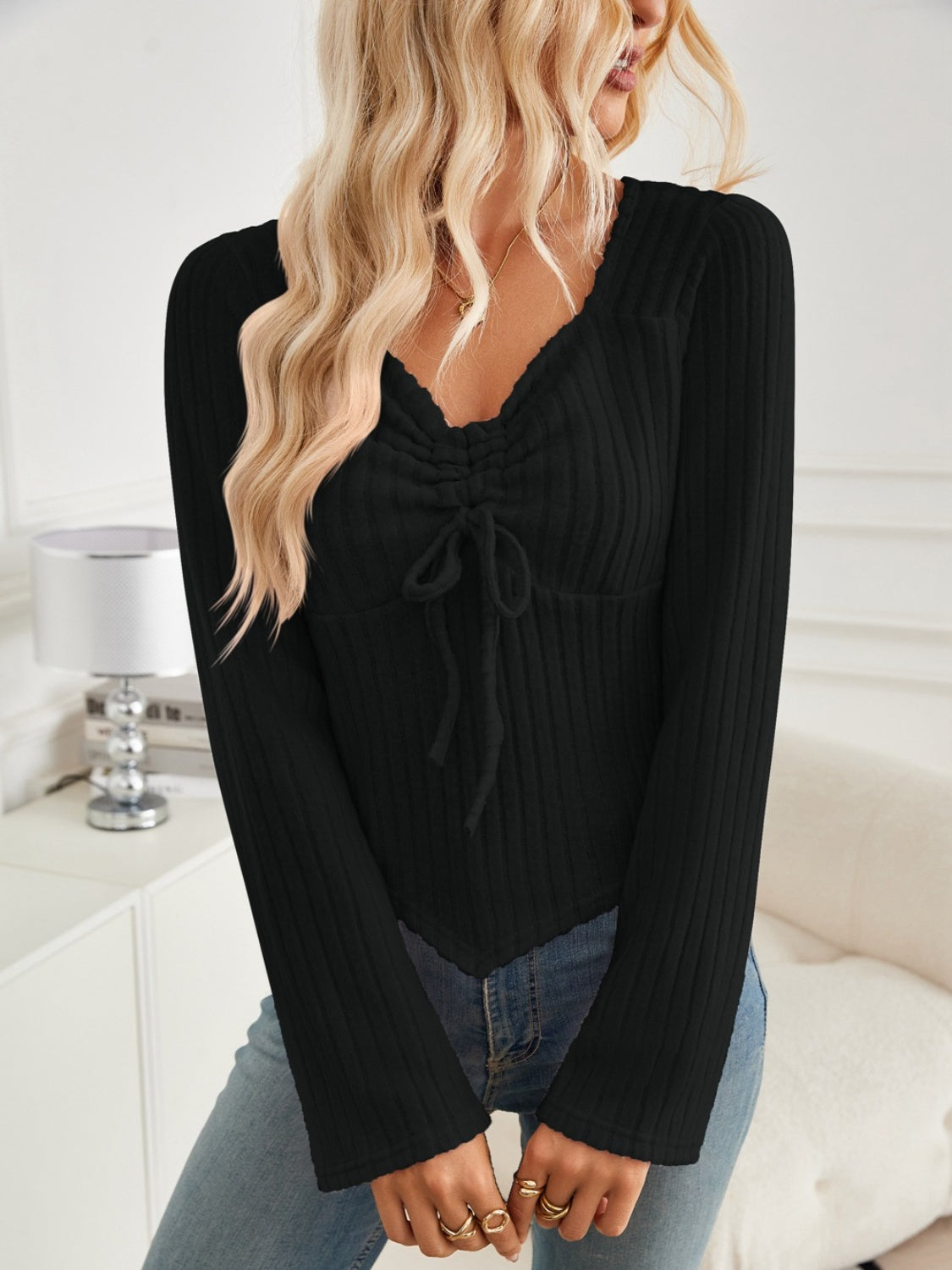 Ribbed Drawstring Long Sleeve T-Shirt Women&