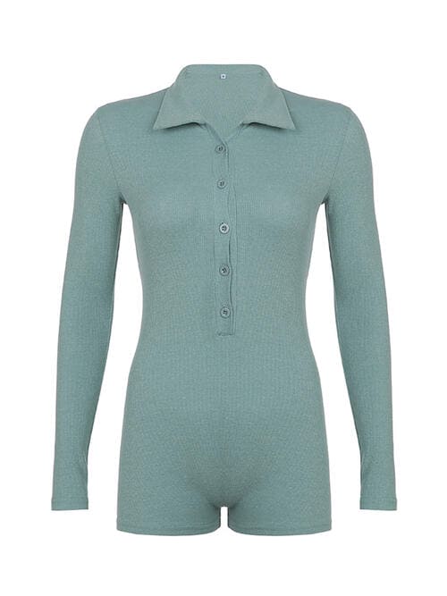 Ribbed Half Button Collared Neck Romper Turquoise Romper by Trendsi | Fleurcouture