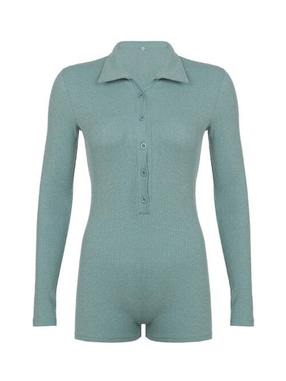 Ribbed Half Button Collared Neck Romper Turquoise Romper by Trendsi | Fleurcouture