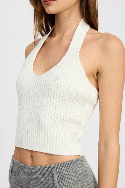 RIBBED HALTER NECK TOP by Emory Park | Fleurcouture