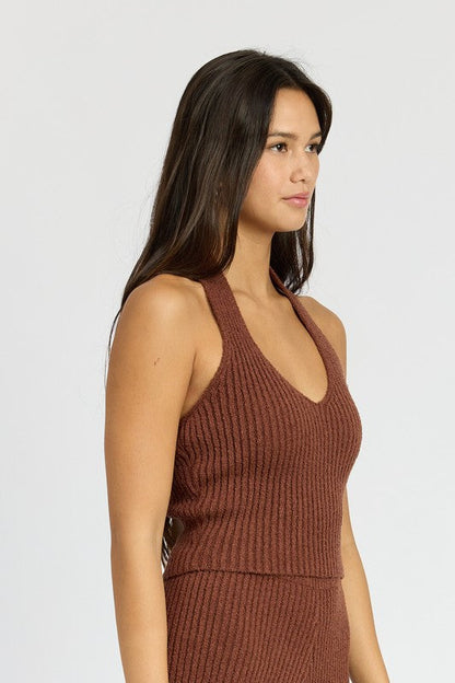 RIBBED HALTER NECK TOP by Emory Park | Fleurcouture