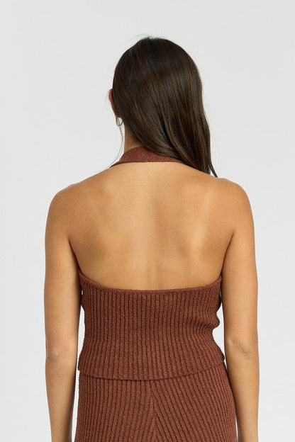 RIBBED HALTER NECK TOP by Emory Park | Fleurcouture