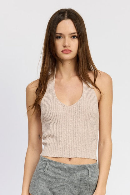RIBBED HALTER NECK TOP by Emory Park | Fleurcouture
