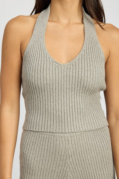 RIBBED HALTER NECK TOP by Emory Park | Fleurcouture