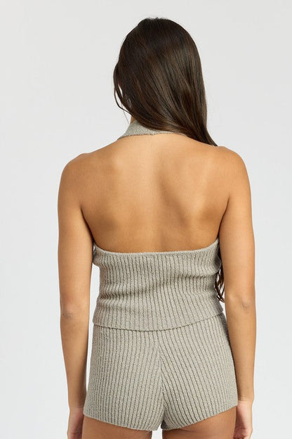 RIBBED HALTER NECK TOP by Emory Park | Fleurcouture