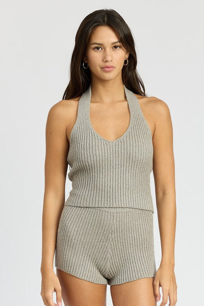 RIBBED HALTER NECK TOP H GREY S by Emory Park | Fleurcouture