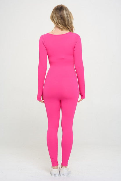 Ribbed Knit Jumpsuit Long Sleeve Fuchsia S by OTOS Active | Fleurcouture